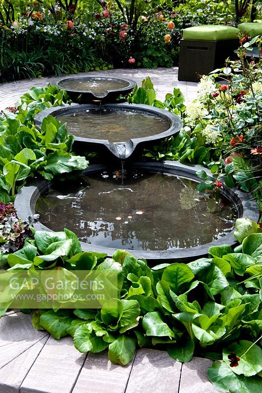 Bacchus Garden Tiered pools of water on terrace. Planted at margins with bergenia Designer: Wardrop Designs Silver award  