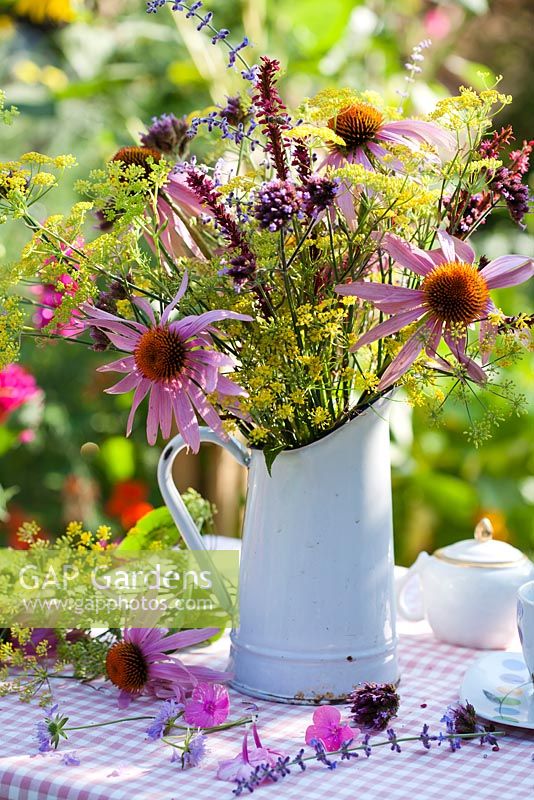 Jug of perennials. Echinacea purpurea, Persicaria 'Firetail', Verbena bonariensis, Foeniculum, Perovskia.