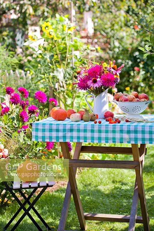 Country garden in summer with harvested vegetables and jug of perennials.