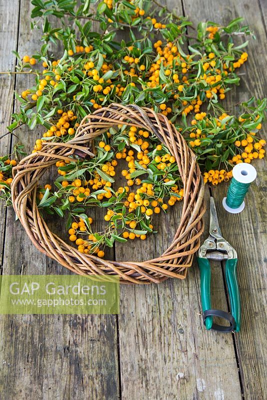 Materials needed are Pyracantha, Twine, Secateurs and a wooden wreath. 
