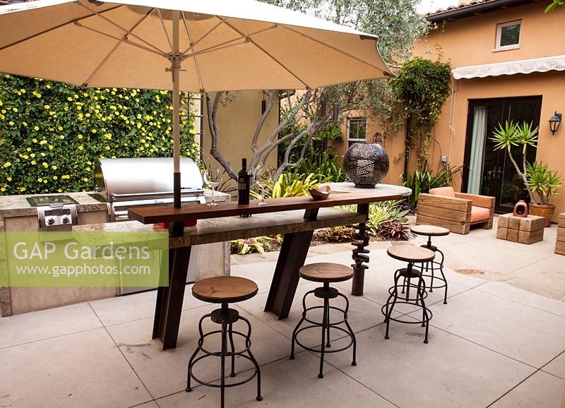 Seating area on patio with Thunbergia alata and Yucca elephantipes 