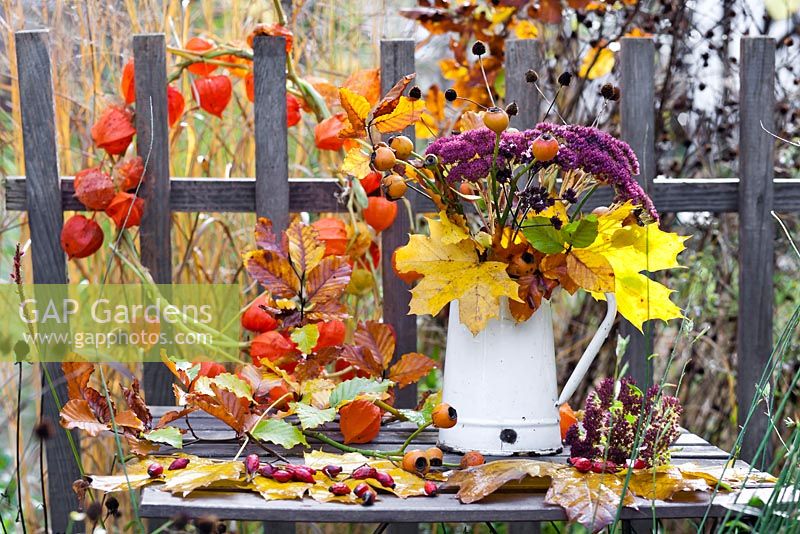 Autumn leaves and perennials in a jug - maple, Verbena, Rosehips, hornbeam, Sedum 'Herbstfreude', Verbena bonariensis. Physalis wreath.