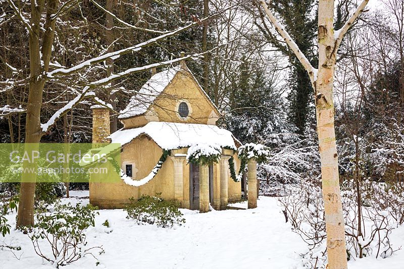 The Sanctuary covered in snow. Highgrove Garden, January 2013. It was built in 1999 to mark the Millennium and is a place of contemplation. Devised by Professor Keith Critchlow of the Prince's School of Tradtional Arts and Crafts and created from a design by Charles Morris. It is made entirely of natural materials.