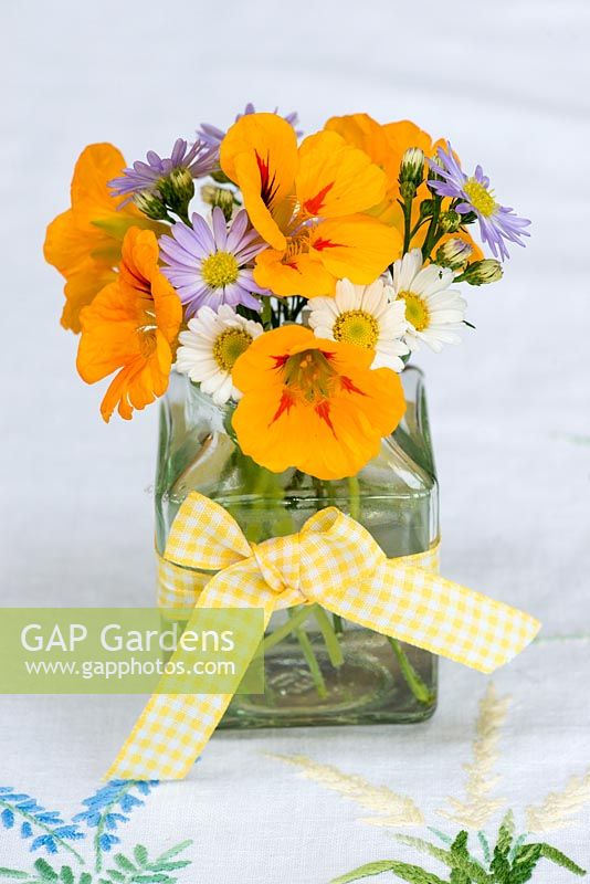 A summer posie of everyday garden flowers with Nasturtium, Aster and Anthemis in a glass jar decorated with yellow gingham ribbon.