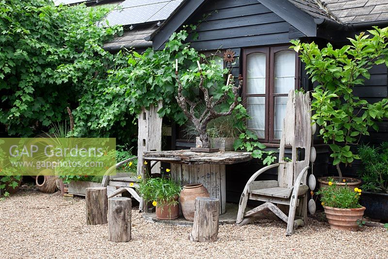 Contemporary house covered in vine - Vitis vinifera, Driftwood thrones made by The Yurt Shop in Battle, tree stump seats and cable reel table, with tree branch candelabra.