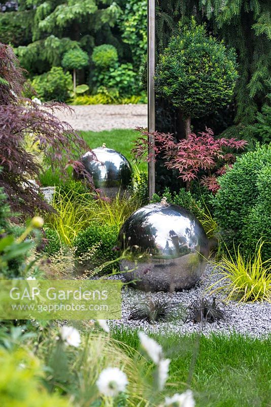 Mirror and modern sphere stainless steel water feature with LED lights among Acer palmatum 'Shirazz', Acer palmatum 'Dissectum Garnet', Carex oshimensis 'Everillo', Taxus baccata and Buxus sempervirens, Ophiopogon planiscapus 'Nigrescens'