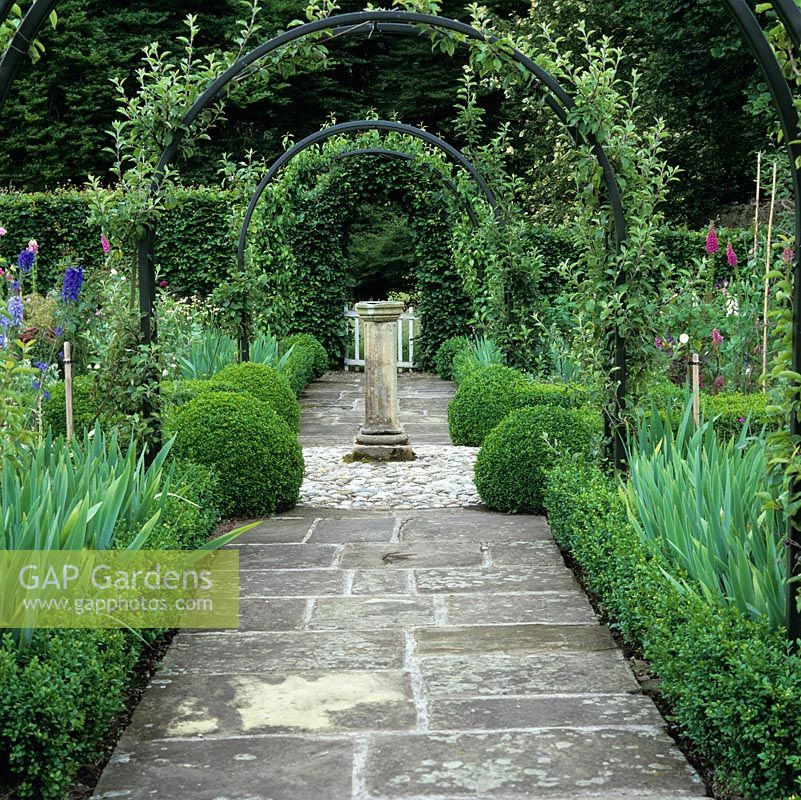 Metal tunnel planted with young fruit trees, sundial, and box balls punctuating the York stone path leading to rustic gate. Parterre to each side of path.