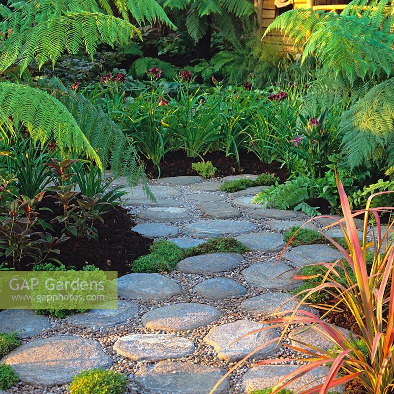 Stepping stones laid in pebbles create winding path edged in exotic tree ferns, daylilies and phormium