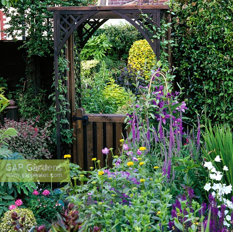Paved path leads to wooden gate framing a mirror which creates illusion of view beyond the gate, which, in reality, is a view of the garden behind you, showing clipped golden euonymus and fatsia. Clever idea in small narrow garden to create illusion of more space.