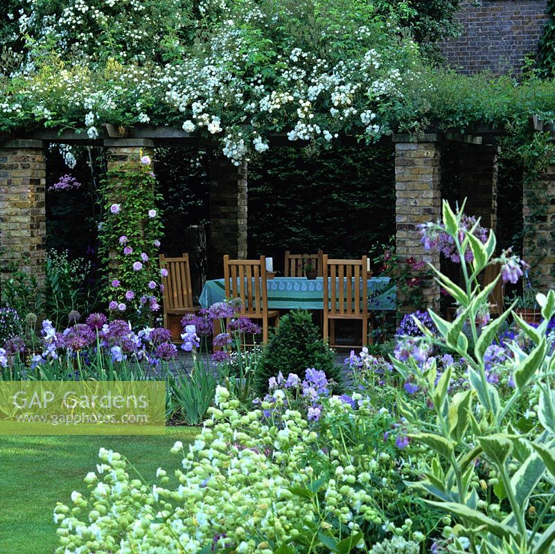 Outdoor dining table and chairs under pergola.  Seen through allium, poppy, geranium, comfrey and campion, bed with Iris 'Jane Phillips' and Allium cristophii. Clematis Josephine and Rosa 'Rambling Rector'.