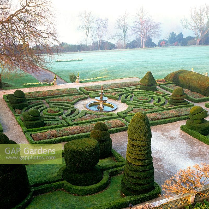 Planted in 1901, formal parterre of box hedges infilled with lavender, grass or gravel and giant yew topiary shapes - cones, spirals, pyramids, domes and birds.