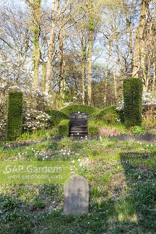 View across The Wild Garden to the wood. Clippped columns of Taxus baccata and Magnolia stellata. Seat and surrounding hedges of clipped Buxus sempervirens. Memorial stone in foreground. Veddw House Garden, Monmouthshire, Wales. April 2014. 