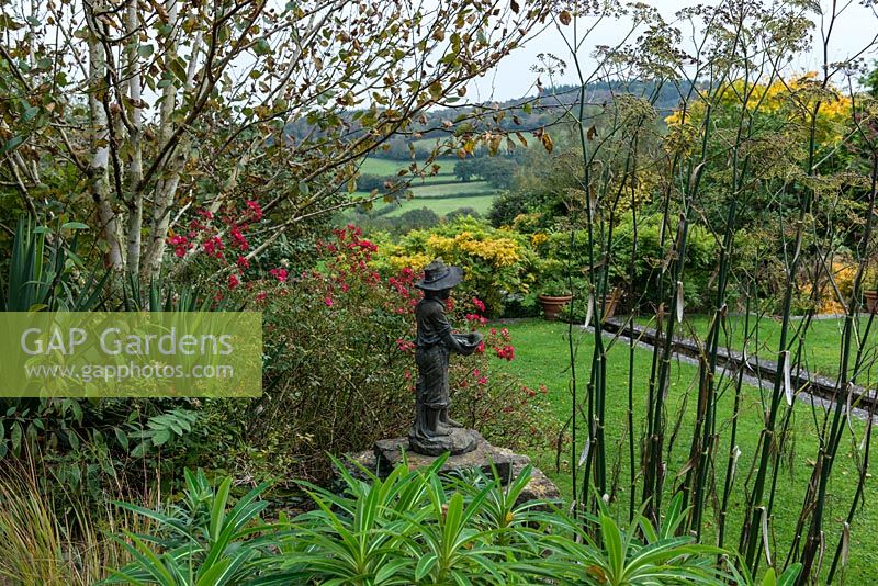 A view of a statue surrounded by Euphorbia mellifera, fennel and Rosa Hertfordshire. Beyond,  a rill leads the eye to the view of Axe Valley.