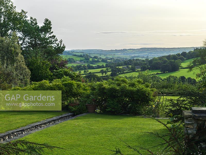 The view over rill and purple wisteria in Burrow Farm Millenium garden to Axe Valley in the distance.