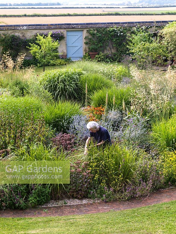 Gillian Pugh in her circular dry garden where plants thrive with no watering.