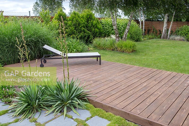 Sunbed on wooden terrace and long border of grasses, conifers, and cornus alba