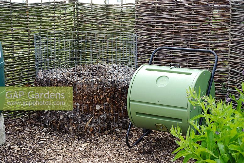 Rotary composter and traditional wire netting container for leaves