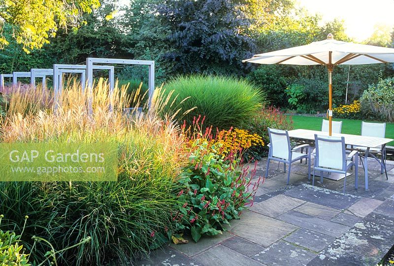 View of modern garden in late summer with miscanthus, persicaria, rudbeckias and table with parasol
