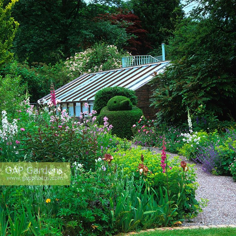 Greenhouse by box topiary bird. Beds of oriental poppies, foxglove, rocket, thalictrum, aquilegia, centaurea, catmint, alchemilla and hardy geranium.
