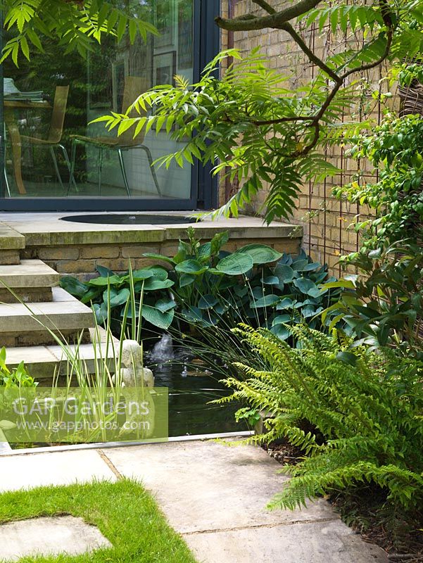 A bubbling, circular pool on the terrace feeds a rectangular pool below, edged in hosta, iris and fern and beneath a sumach.