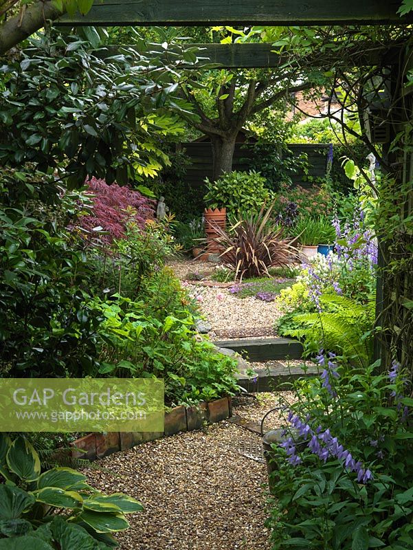 Gravel, stepped pathway leading from shade of pergola.