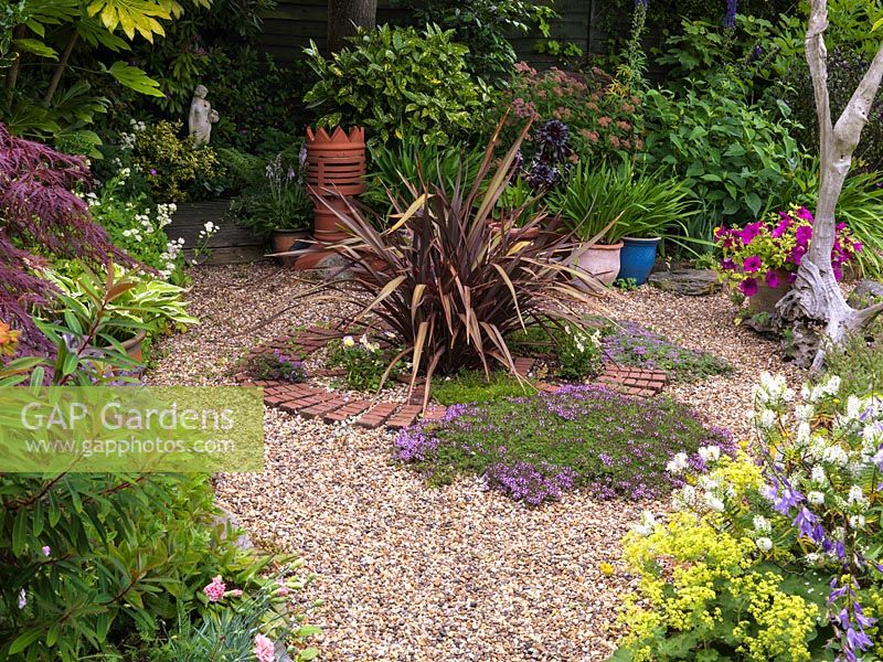 Gravel bed of thyme and phormium encircled by brick design