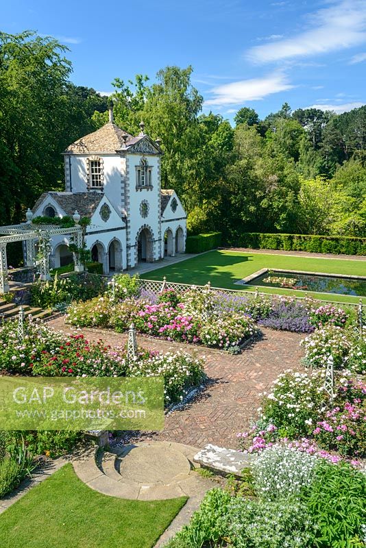 Pin Mill and The Rose Garden on the lower terrace, Bodnant Garden, North Wales. June