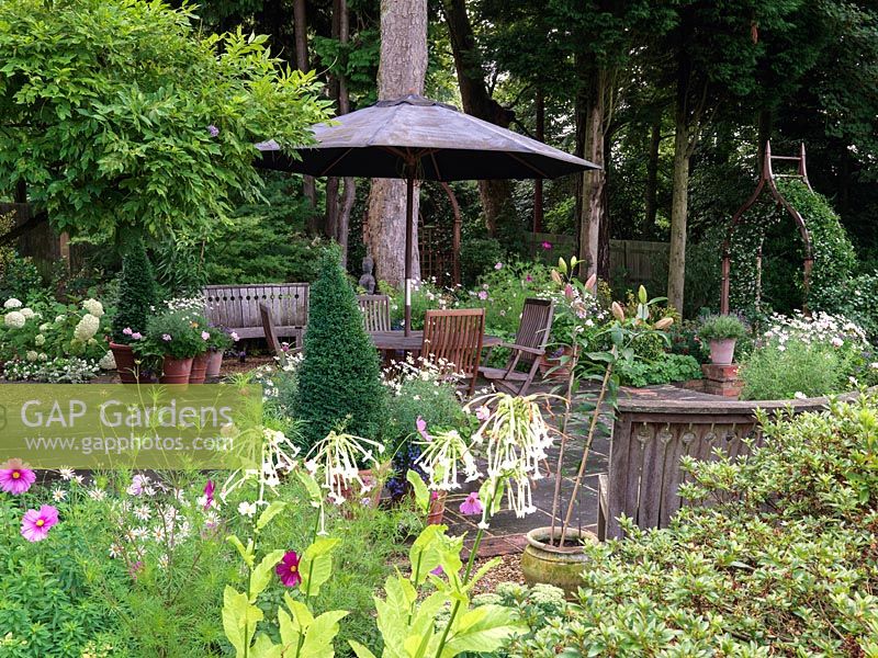 Seen over Nicotiana sylvestris and cosmos, stone terrace with table, chairs and benches. Pots of lilies, marguerites and box cones. Arch of star jasmine. 