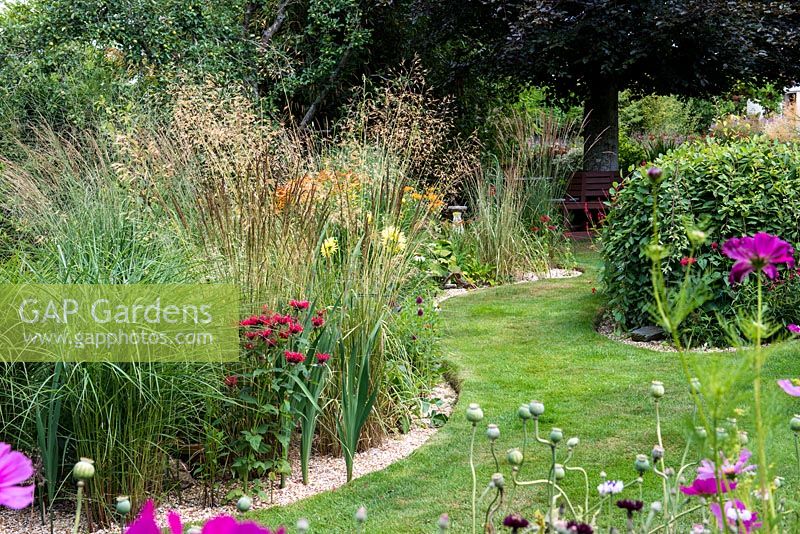 A curved grass path alongside a mixed herbaceous border planted with Monarda, Dahlia, Calamagrostis, Stipa and Molina, leading to a copper beech with a tree seat.