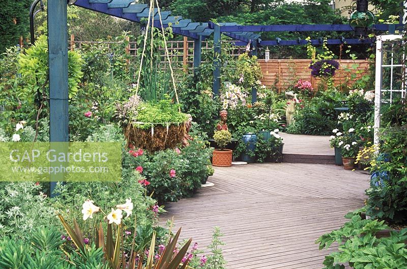 Decking with blue stained pergola and assortment of containers