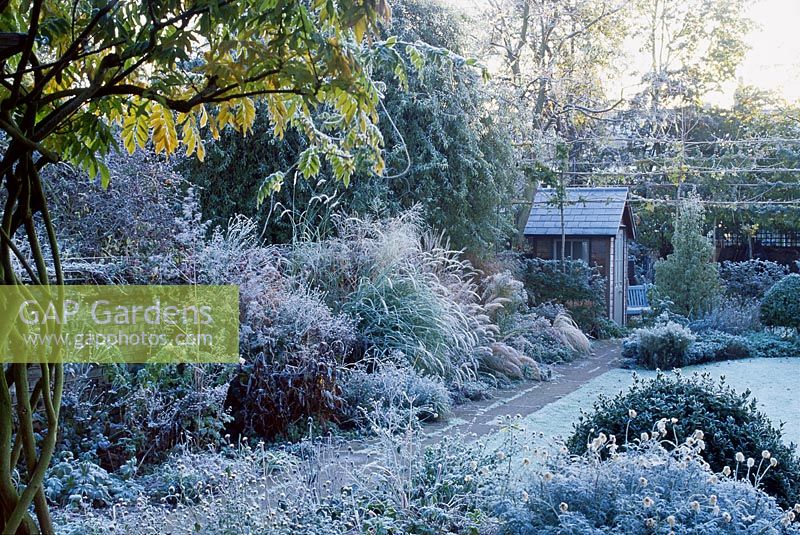 Frost covered garden, grass borders and summer house, November. St Barnabas Road, Cambridge