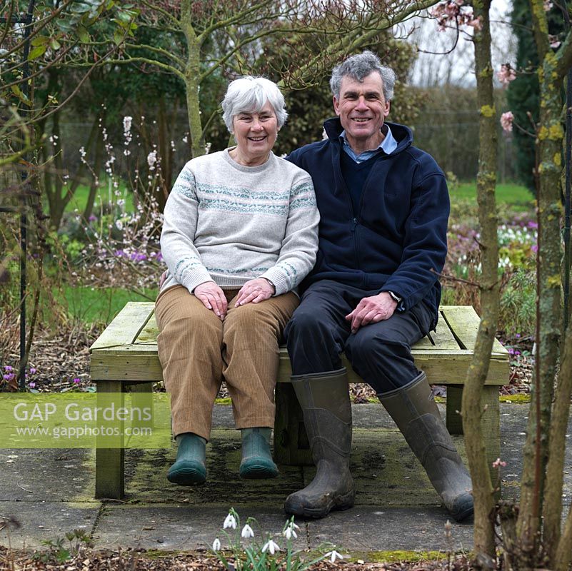 David and Margaret MacLellan in the garden they have created from a farmer's field to house a National Collection of  Snowdrops. 600 different snowdrops are conserved here.
