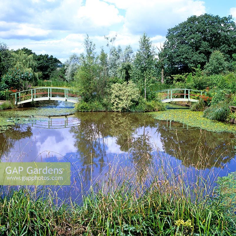 Inspired by Monets bridge, Chris Bissell, an engineer, created these bridges spanning a spring-fed, 4m deep lake planted with native water lilies.