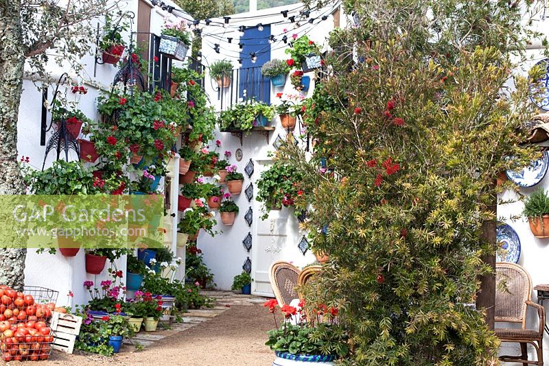 An Andalusian Moment, Best Show Garden, Malvern Spring Gardening Show 2015, depicting an Andalusian village with hidden courtyards, colourful pelargoniums in pots on the white washed walls
