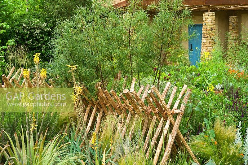 Wooden hurdle fence made of peeled chestnut poles, Sentebale - Hope in Vulnerability garden. RHS Chelsea Flower Show 2015