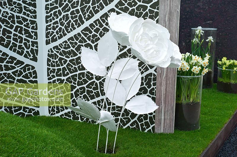 Contemporary garden - Giant paper flowers.  The Fragrance Garden from Harrods. 