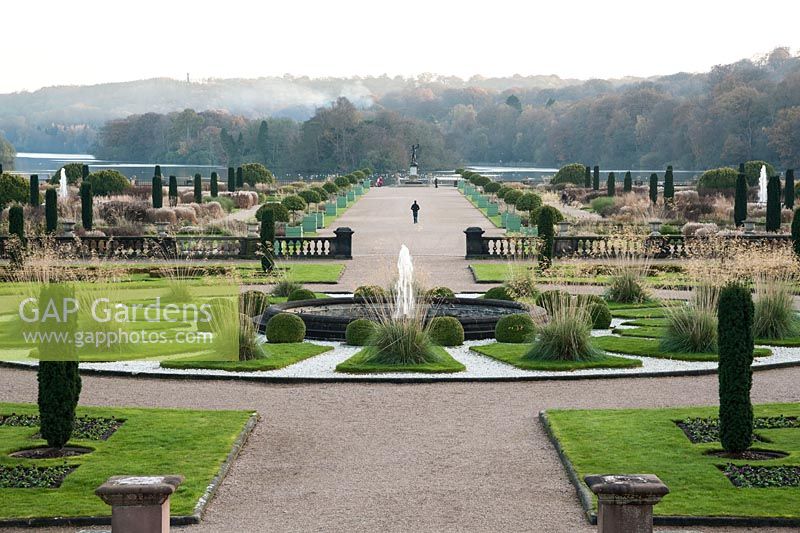 The Upper Flower Garden with fountains, Irish yews and clipped box spheres, Trentham Gardens