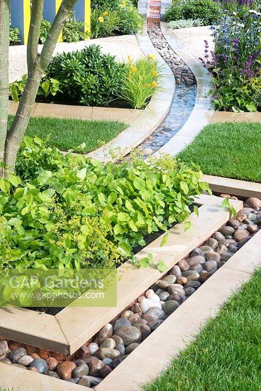 Pebble-filled water rill with Epimedium in raised border - The Scotty's Little Soldiers Garden, RHS Hampton Court Palace Flower Show 2015