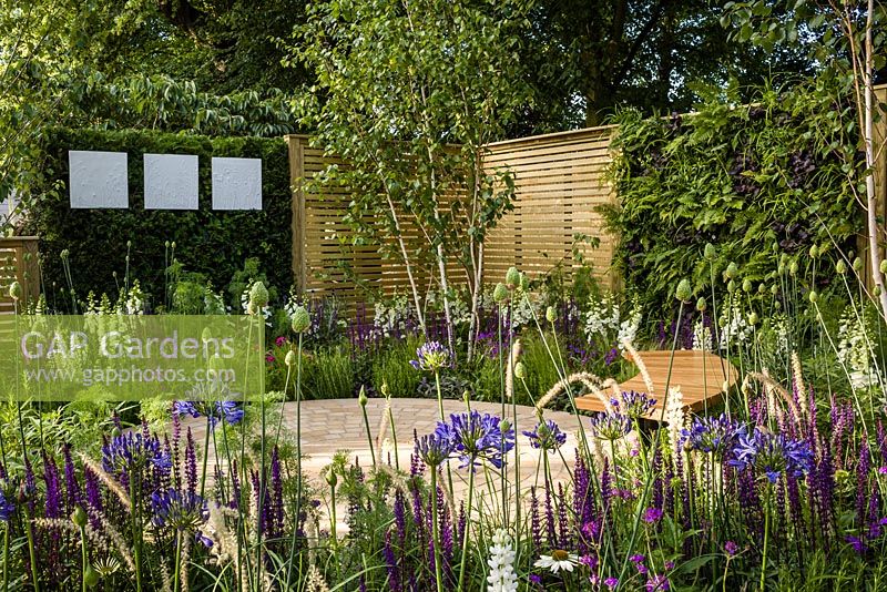 The Wellbeing of Women Garden - view showing seating area, living wall and mixed planting in purples, blues and whites including Agapanthus africans - RHS Hampton Court Flower Show 2015