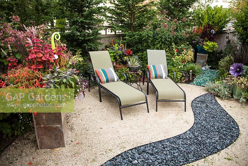 Loungers in courtyard garden with decorative paving and patterned gravel inlay.  Containers and mixed borders, planting includes. Brachycomoe 'Blue Zephyr', Salvia, Libertia, Coleus x hybridus 'Sedona', Hydrangea, Acer, X Cupressocyparis leylandii, Agave, Aralia, Crocosmia, Bromeliad, Begonia boliviensis 