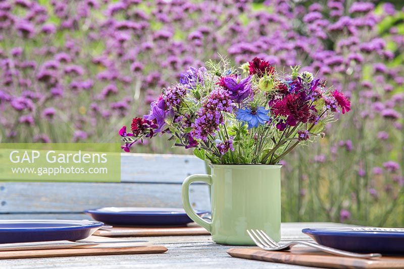 Summer posie of Verbena bonariensis, Nigella damascena, Clary, Salvia x jamensis 'Nachtvlinder', Centaurea cyanus 'Black Ball' and Knautia macedonica in green enamel cup