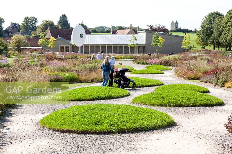 Visitors to garden. View to the Gallery from the Oudolf FieldHauser and Wirth, Bruton, Somerset. Planting design by Piet Oudolf.