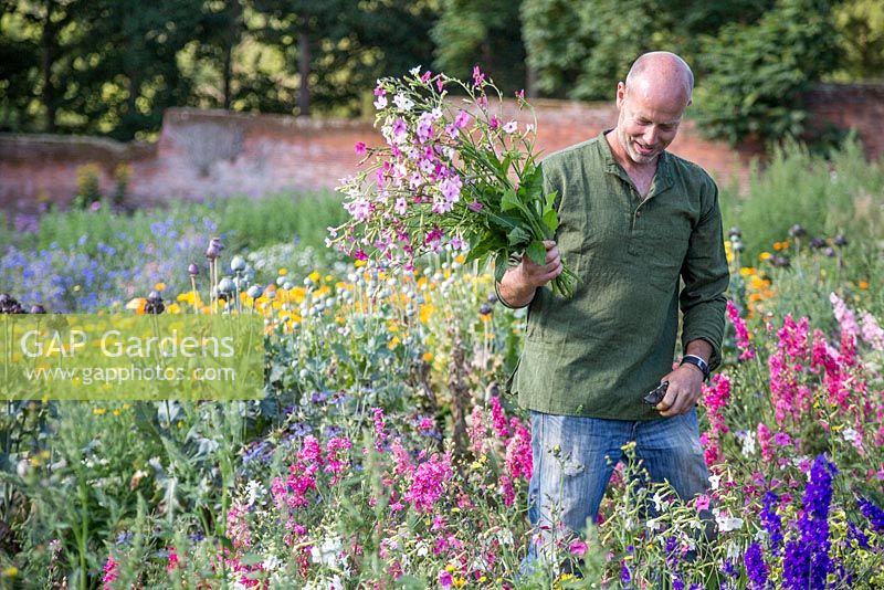 Patrick Cadman holding a bunch of freshly cut Nicotiana flowers