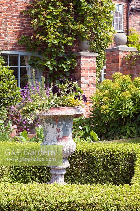 The front garden with old urn planted with summer bedding. Hope House, Caistor, Lincolnshire, UK.