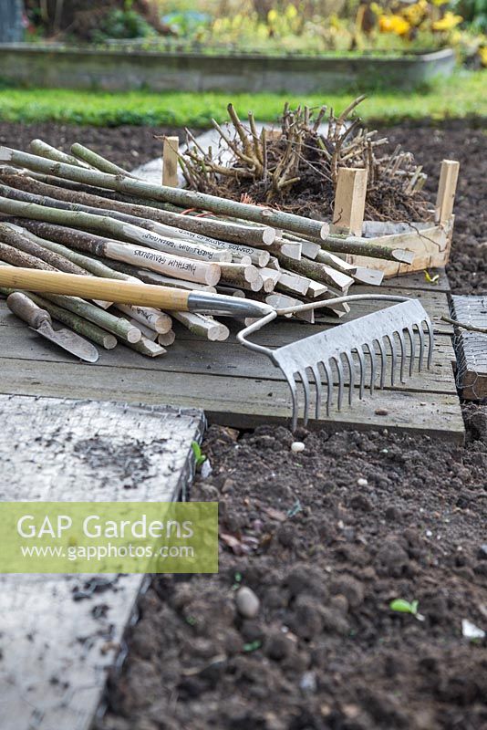 Materials required for developing a cutting garden. Hazel stick plant labels, string, rake, tubers, bulbs and seeds.