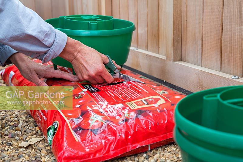 Cut three circular holes in the grow bags in preparation for adding the plant halos