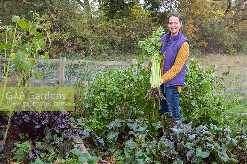 Woman holding overgrown celery