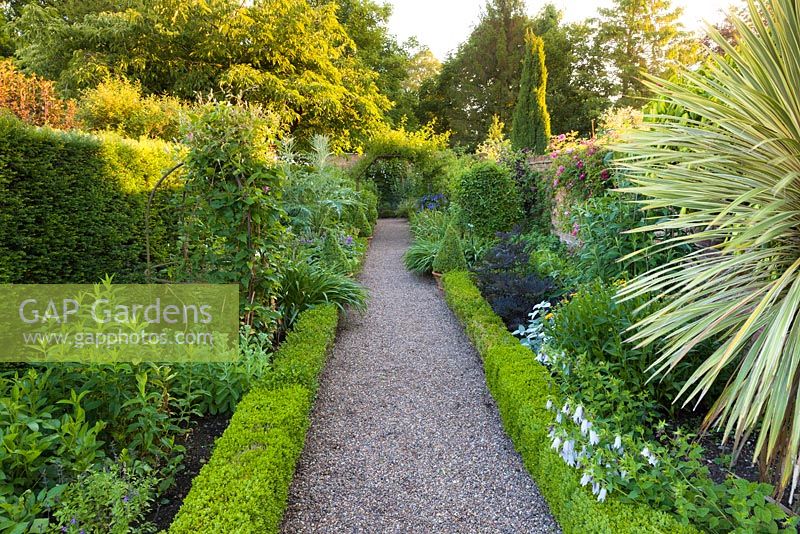 The Long Walk at Wollerton Old Hall Garden, Shropshire, which divides the formal and informal areas of the garden. Planting includes a variegated Cordyline and various Clematis which scramble up the brick wall. 