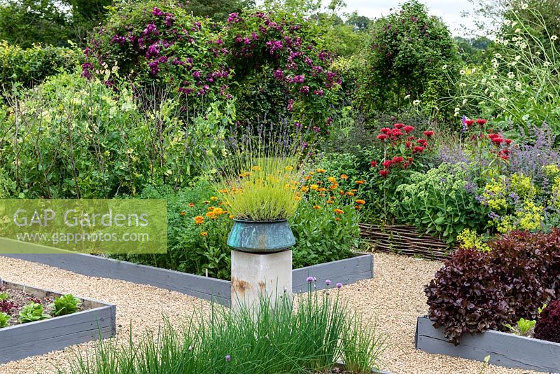 A potager with raised beds of vegetables and flowers including chives, salad leaves, peas, marigolds and bergamot. A stone plinth with a copper pot of lavender provides a focal point on the central axis.
