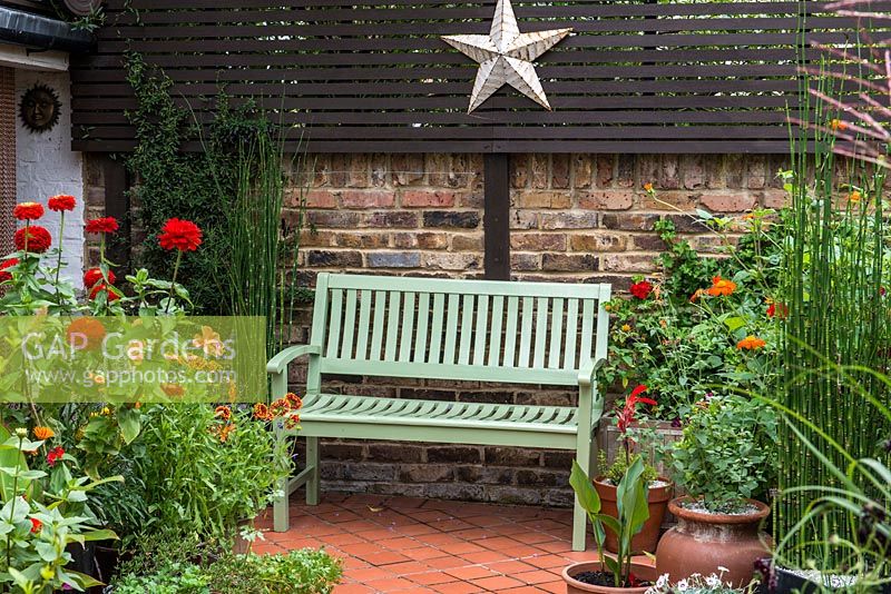 A painted wooden bench surrounded by containers planted with hot coloured zinnia, tithonia and gaillardia.